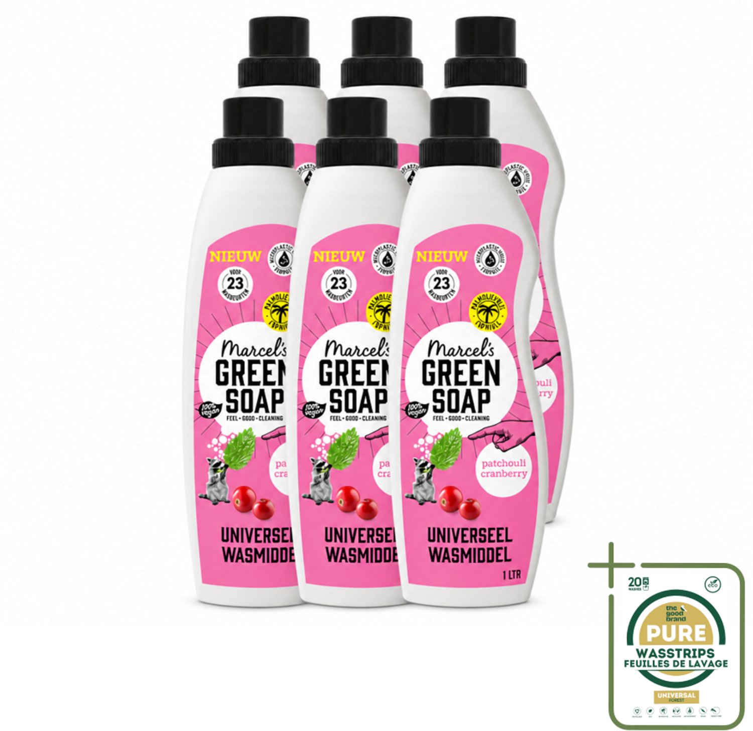 6 x Marcel's Green Soap - Vloeibaar Wasmiddel - Patchouli & Cranberry - Effectief & natuurlijk - 23 Wasbeurten - 1 liter - Wasstrips - Wasmiddel - Natuurlijk Wasmiddel - Zeep Wasmiddel - Milieuvriendelijk Wasmiddel - Plantaardig Wasmiddel