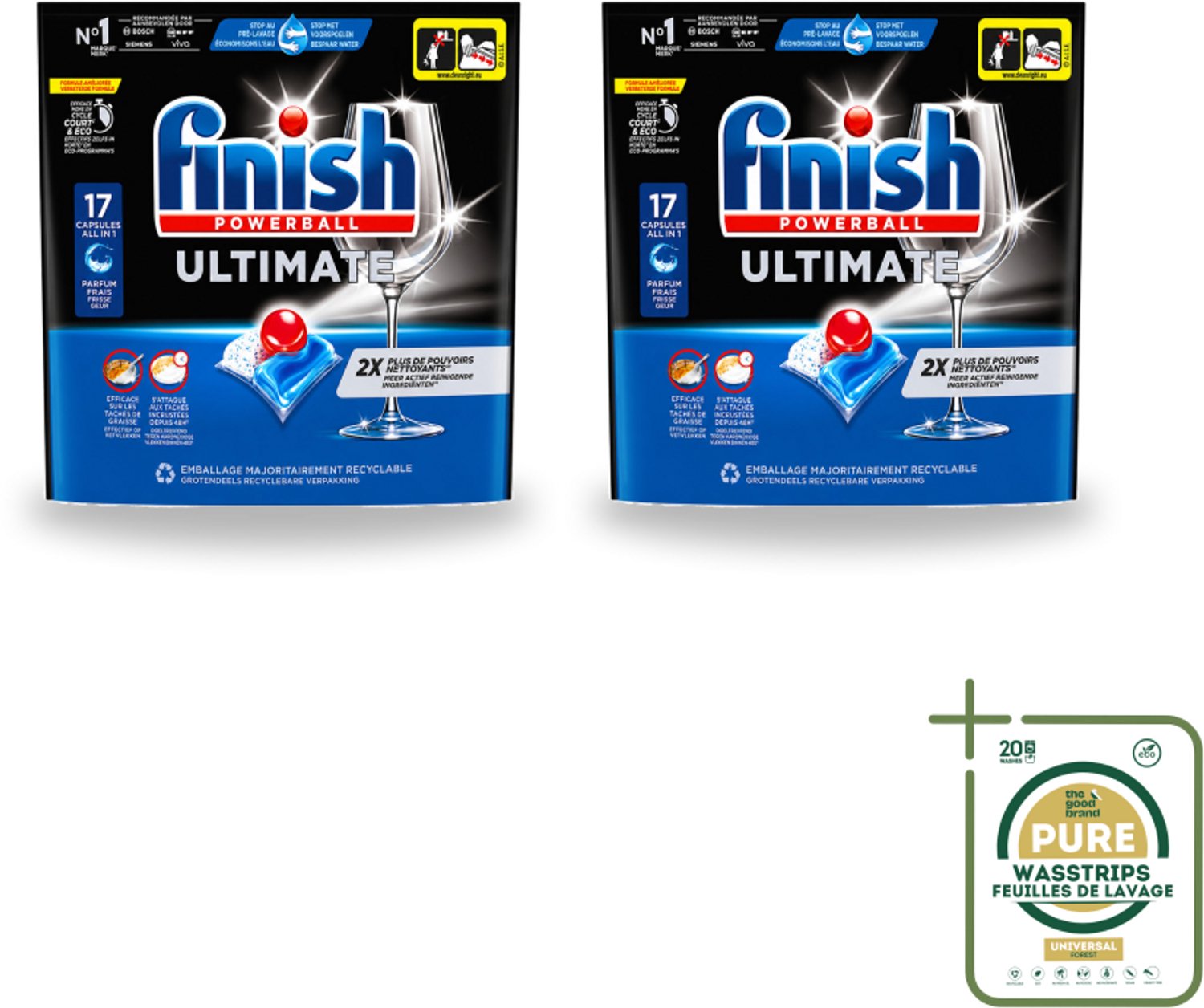 2 x Finish - Vaatwasmiddel - Ultimate Vaatwastabletten Regular - Krachtige Reiniging - 17 capsules - Wasstrips - Vaatwasmiddel - Vaatwastabletten - Reinigingskracht - Glans - ACTIVELIFT