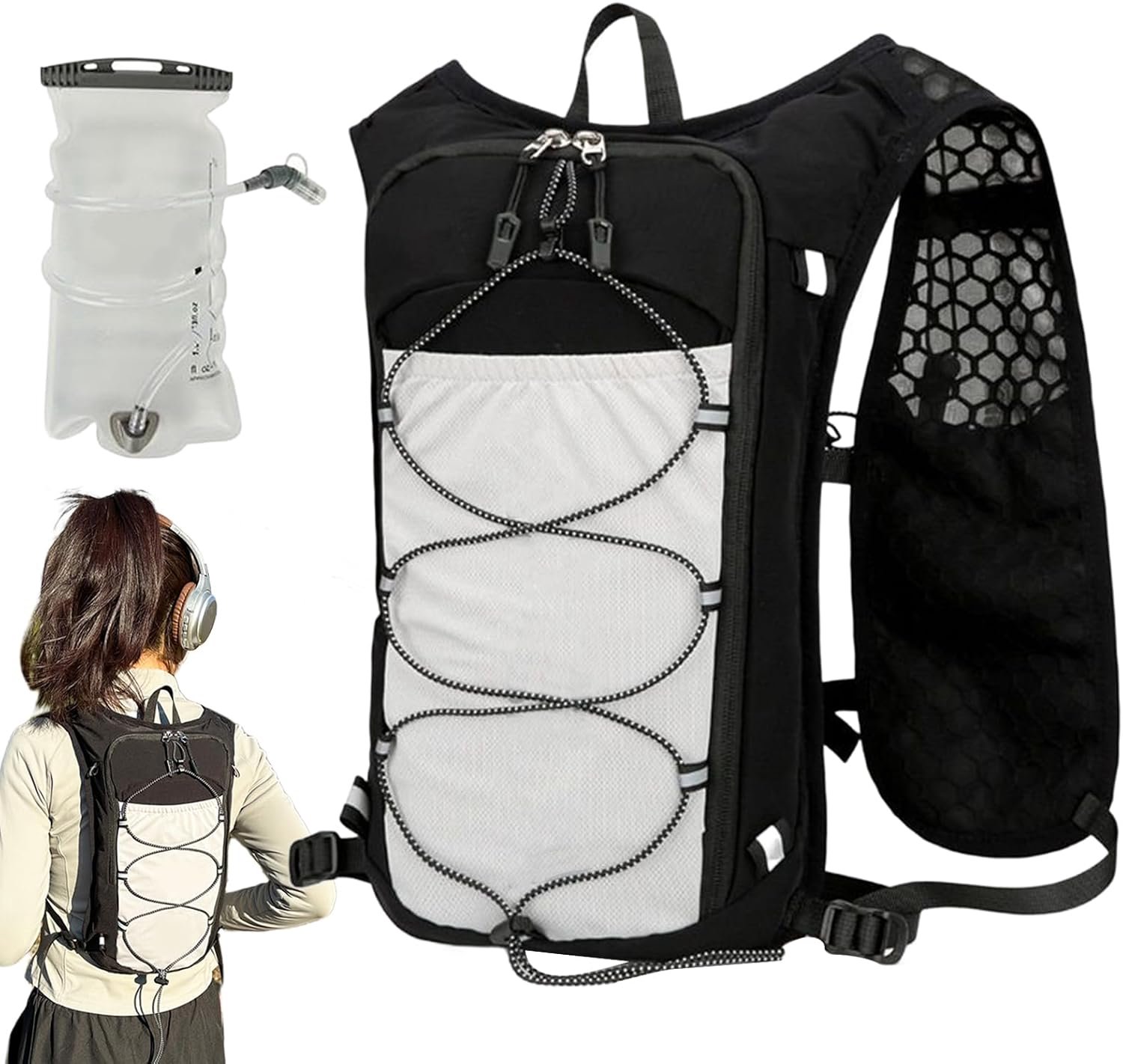 Hydratatierugzak, lichte reflecterende jas met waterzak, ademende sporttas, verstelbaar, 1,5 l, voor vrouwen, wandelen, kamperen, trekking en outdooractiviteiten