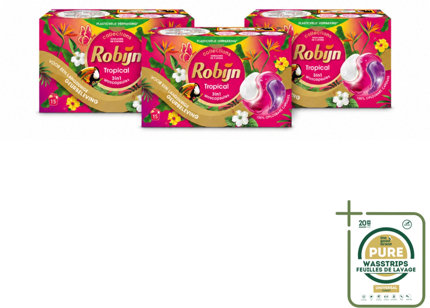 3 x Robijn - 3-in-1 Tropical - Wascapsules - 15 Wasbeurten - Wasstrips - Wasmiddel - Wascapsules - Kleurbehoud - Tropische Geur - Biologisch Afbreekbaar