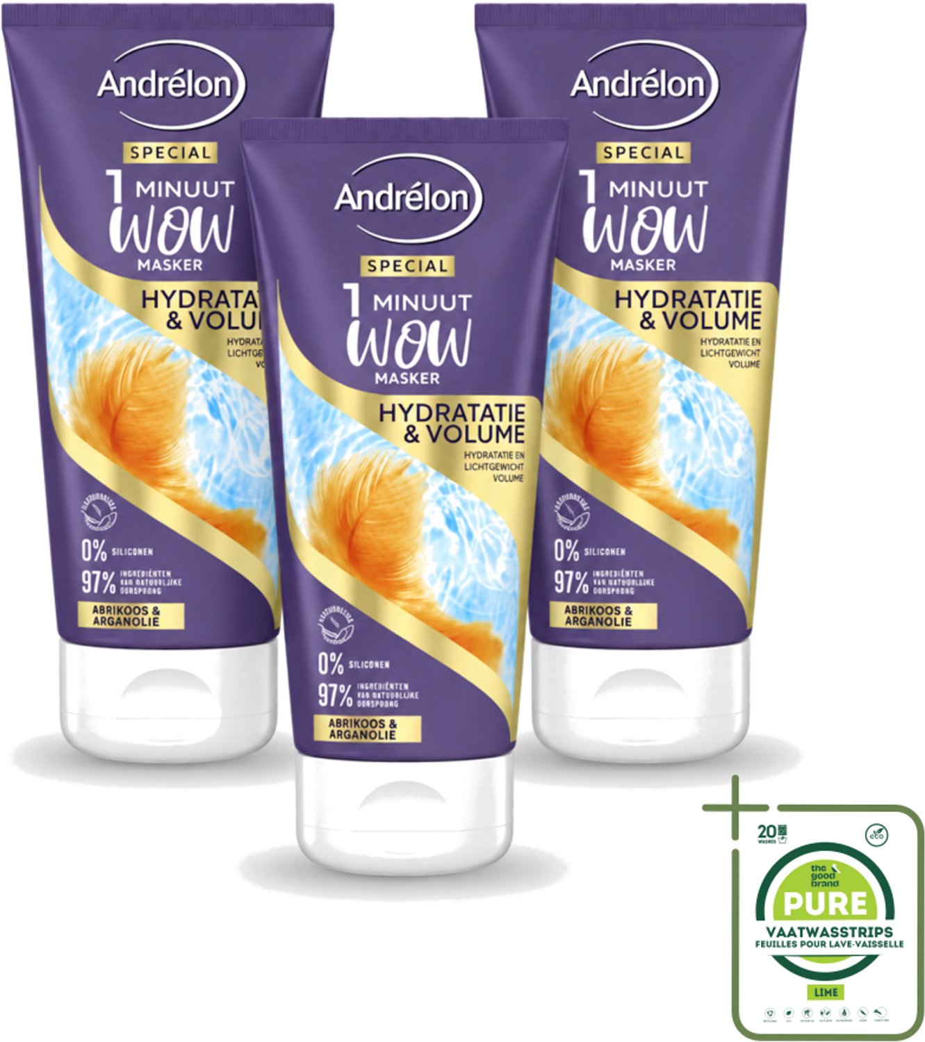 3 x Andrélon - WOW - 1 Minuut Masker - Hydratatie & Volume - 180 ml - Grootverpakking - Vaatwasstrips - 1 Minuut Masker - Hydratatie Haar - Volume Haar - Fijn Haar Verzorging - Luchtig Haar