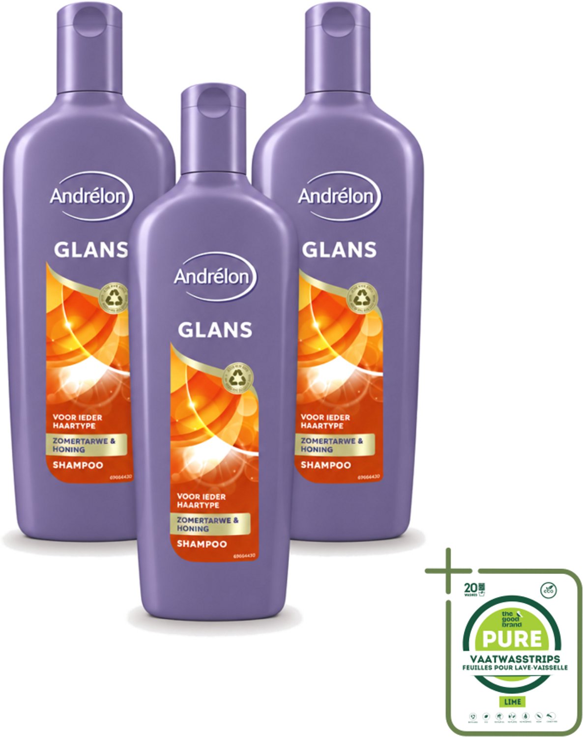 3 x Andrélon - Glans - Shampoo - 300 ml - Grootverpakking - Vaatwasstrips - Glans Haar - Natuurlijke Glans - Zomertarwe Shampoo - Honing Shampoo - Stralend Haar