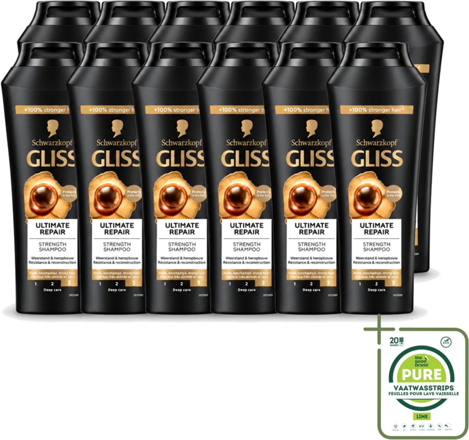 12 x Gliss - Shampoo - Ultimate Repair - Voor Intensief Herstel - 250 ml - Grootverpakking - Vaatwasstrips - Herstel Haar - Beschadigd Haar - Droog Haar - Haarbreuk - Keratine