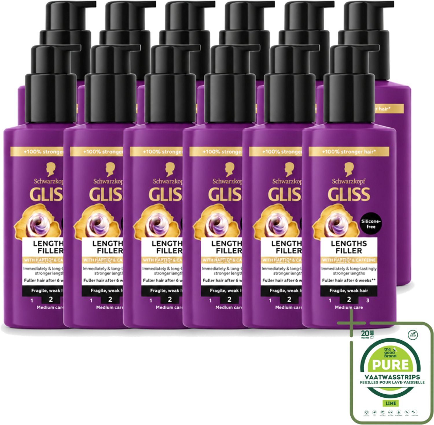 12 x Gliss - Haarserum - Lengths Filler - Siliconenvrij met Cafeïne - Voor Sterker Haar - 100 ml - Grootverpakking - Vaatwasstrips - Haarserum - Cafeïne - Haarversterking - Haarbreuk - Haarstructuur