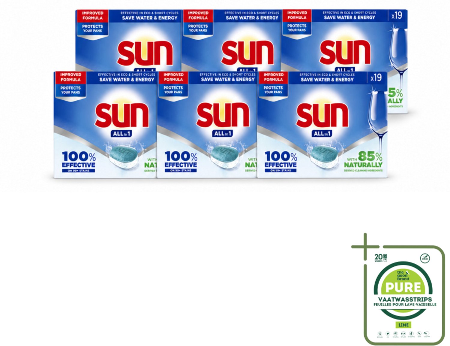 6 x Sun - Vaatwastabletten - All-in-1 Neutraal - 19 tabletten - Grootverpakking - Vaatwasstrips - Vaatwasmiddel - Vaatwastablet - Vaatwasmiddel Neutraal - Vaatwasmiddel Eco - Vaatwasmiddel Natuurlijk