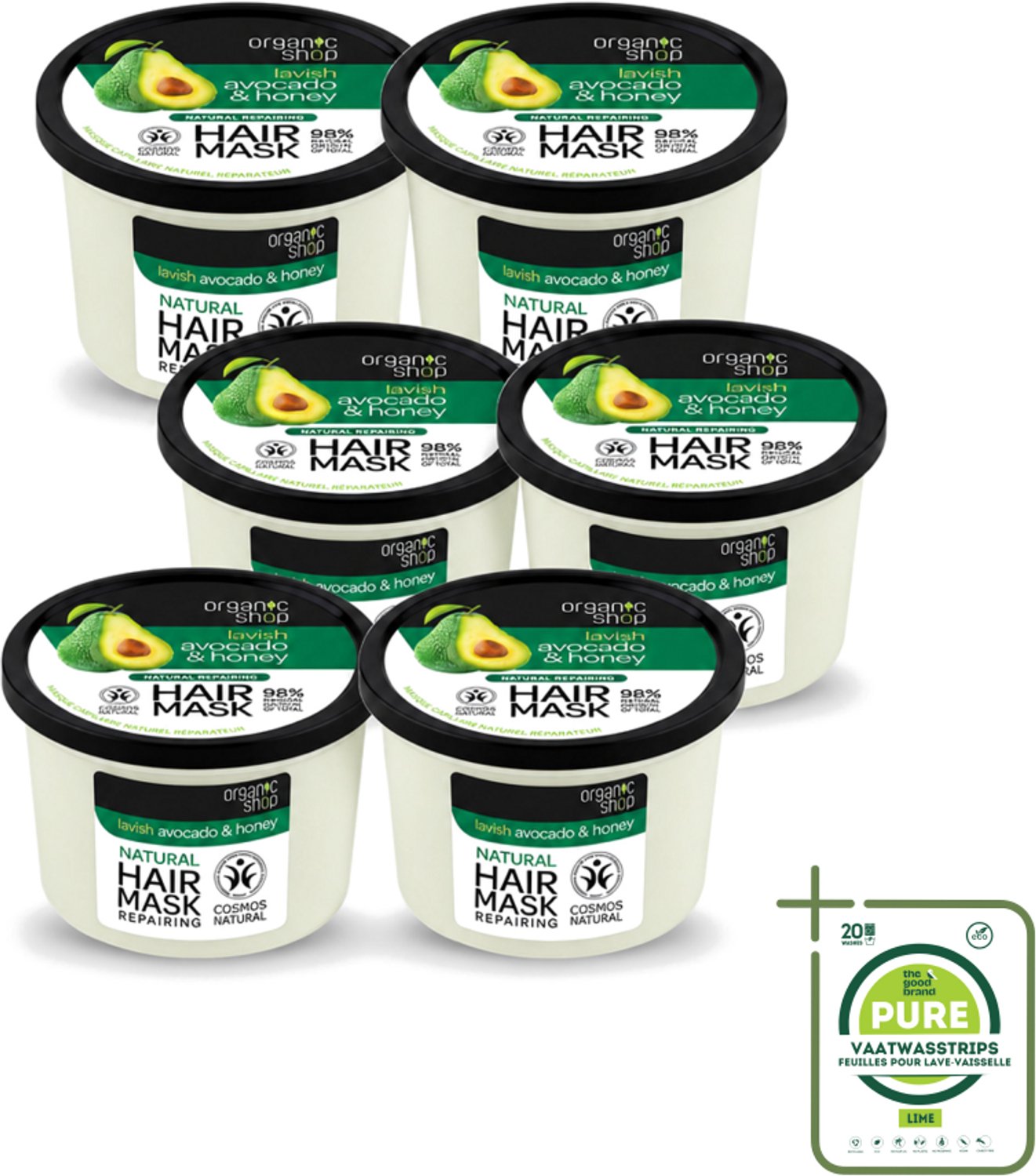 6 x Organic Shop - Haarmasker Avocado & Honey - Hydraterend en Verzachtend - 250 ml - Grootverpakking - Vaatwasstrips - Haarmasker Avocado En Honing - Natuurlijk Haarmasker - Herstel Haartype - Droog Haar Herstellen - Pluis Verminderen