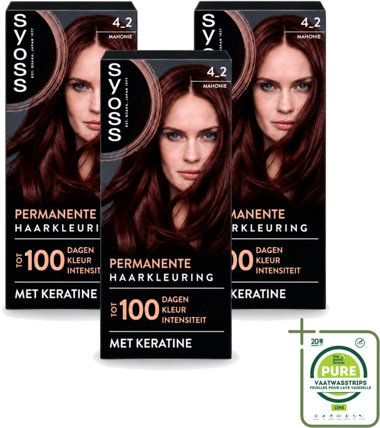 3 x SYOSS - Coloration 4-2 Mahonie - Haarverf - Grijsdekking - Vermindert Haarbreuk - Grootverpakking - Vaatwasstrips - Haarkleuring - Permanente Haarkleuring - Grijsdekking - Keratine - Haarkleur