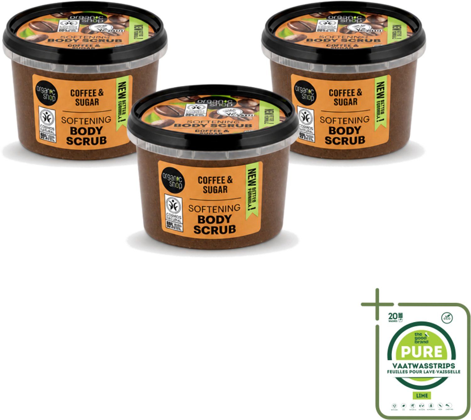 3 x Organic Shop - Organic Coffee & Sugar Body Scrub - Hydraterend en Peeling - 250 ml - Grootverpakking - Vaatwasstrips - Bodyscrub - Natuurlijke Peeling - Koffieolie - Suiker Peeling - Huid Verzorging