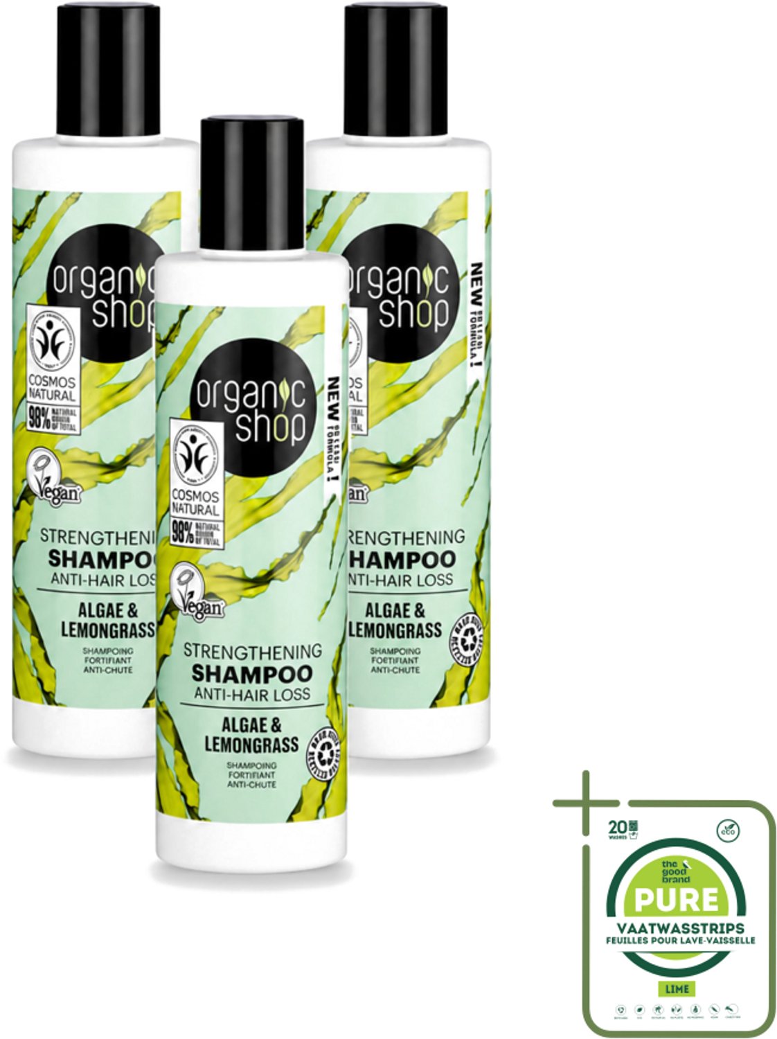 3 x Organic Shop - Algae & Lemongrass Strengthening Shampoo - Versterkend en Herstellend - 280 ml - Grootverpakking - Vaatwasstrips - Haarversterking - Haaruitval - Organisch Algenextract - Citroengrasolie - Gezonde Haarwortels