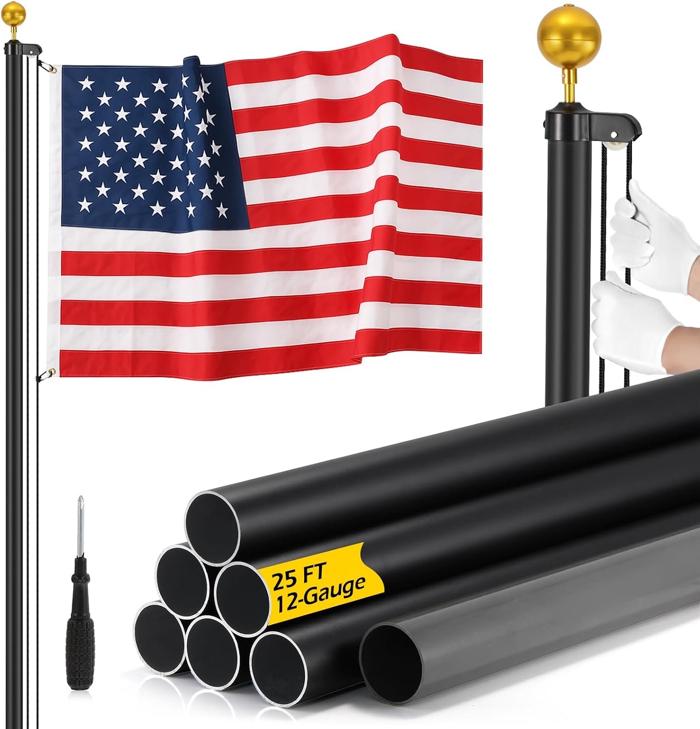 Dyna-Living - 25ft 12 gauge vlaggenmast kit, extra dikke aluminium vlaggenmast voor buiten huis op de grond, zwarte tuin vlag standaard met 3x5ft vlag
