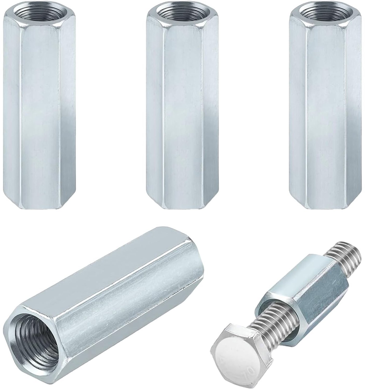 Set van 4 lange hexagonale moeren M8, RVS 304 en koolstofstaal, voor stevige schroefverbindingen en spacers
