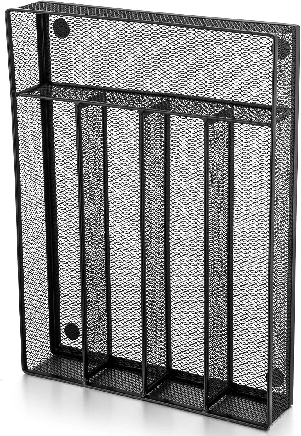 Keukenlade Organizer, E-far Mesh Wire Gebruiksvoorwerp lade Organizer, zwart smal metalen zilverwerk bestek houder/verdeler met schuimvoeten, 5 compartiment & klein formaat - 12,5 x 9,25 inch