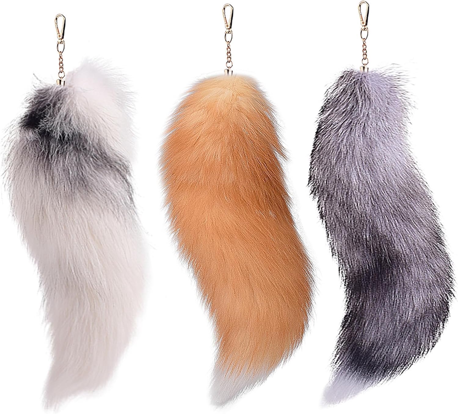 Vossenstaart sleutelhanger|3 stuks Therian Fox Tail, zacht pluizig, grijs, 15,8 inch