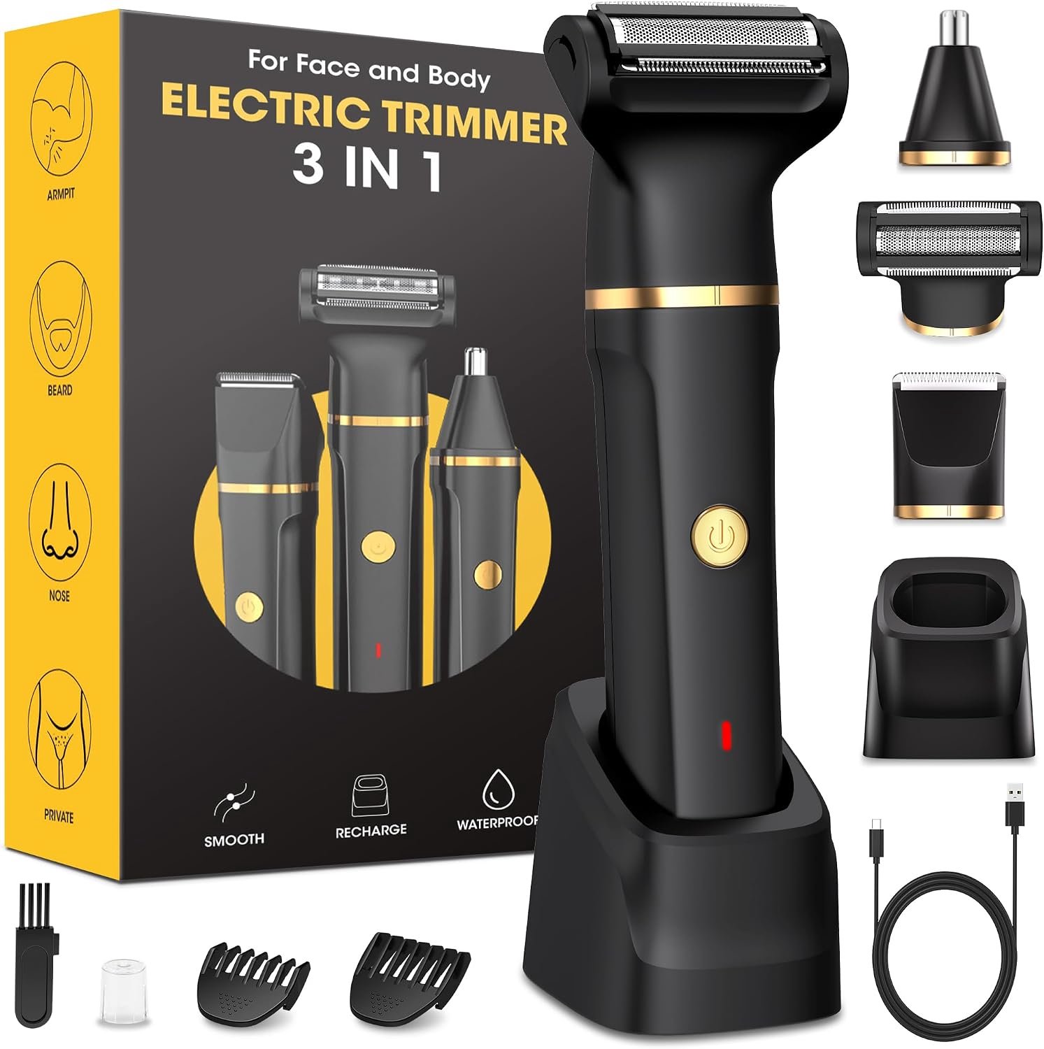 Scheerapparaat voor heren, 3-in-1 scheerapparaat voor heren, elektrisch/neushaartrimmer, IPX7 nat droog scheerapparaat, 120 minuten looptijd, scheerapparaat voor heren, intieme zone voor oksels, benen