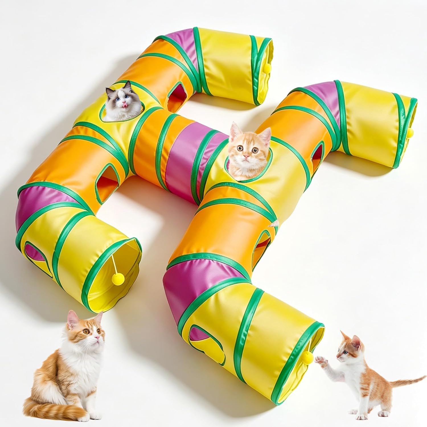 H-4-weg opvouwbare kattentunnel voor kittens, wasbaar, schattig kattenspeelgoed met interactieve speelballen, indoorentertainment, scheurvaste huisdierslang, katten, kittens