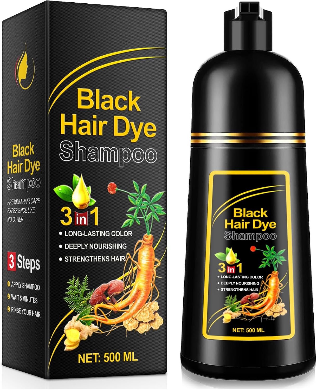 Zwarte haarkleurshampoo, directe haarkleuringsshampoo, haarkleurmiddel, natuurlijke langdurige haarkleuring, kleurshampoo voor mannen en vrouwen, haarkleurmiddel in enkele minuten, 500 ml