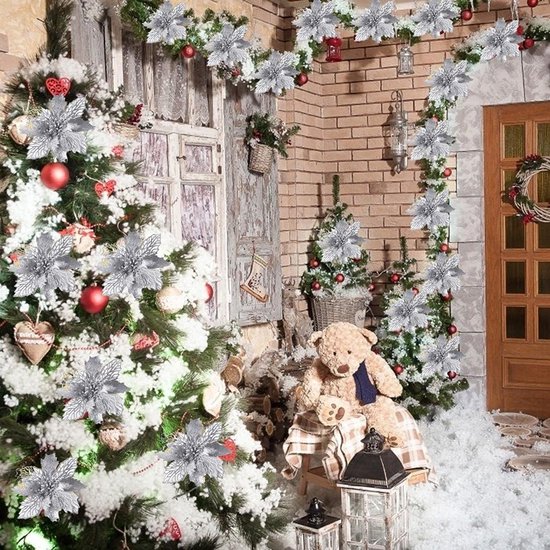 lyrlody 10 -stks Kerst Glitter Poinsettia Bloemen Xmas Decor Vakantiedecoratie Herbruikbare Kunstmatige Bloemen voor Boommuurdeur met 6 Kleuren 4,33 Inches (SILVER) — afbeelding 4