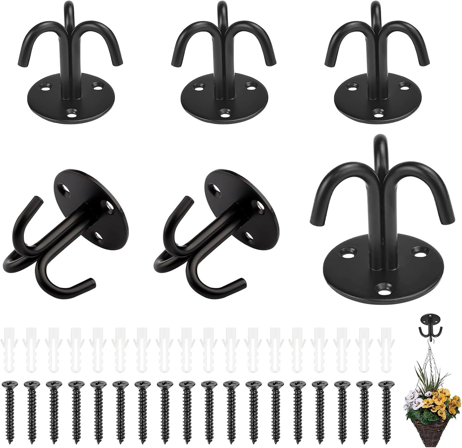 6 Pieces Ceiling Mount with Screws, Triple Heavy Duty Hooks, Black Wall Mount for Hanging Plants, Ceiling Fan and - ShopVlot