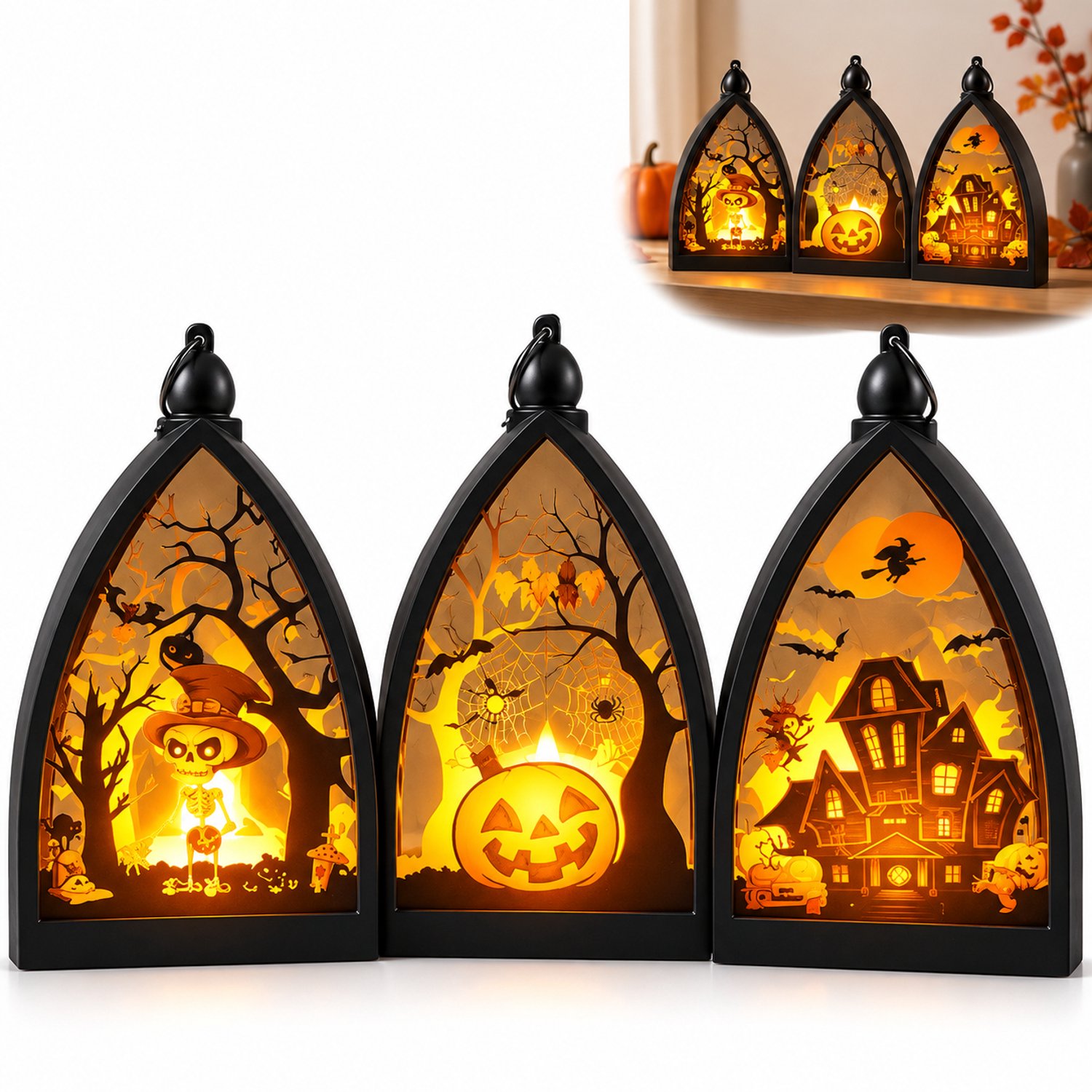 VHV - Halloween Decoratie LED Lantaarn - Griezelige Tafeldecoratie voor Binnen - Veilige Elektronische Windlichten - Spookhuis en Feestversiering - Sfeervolle Herfst Accessoires