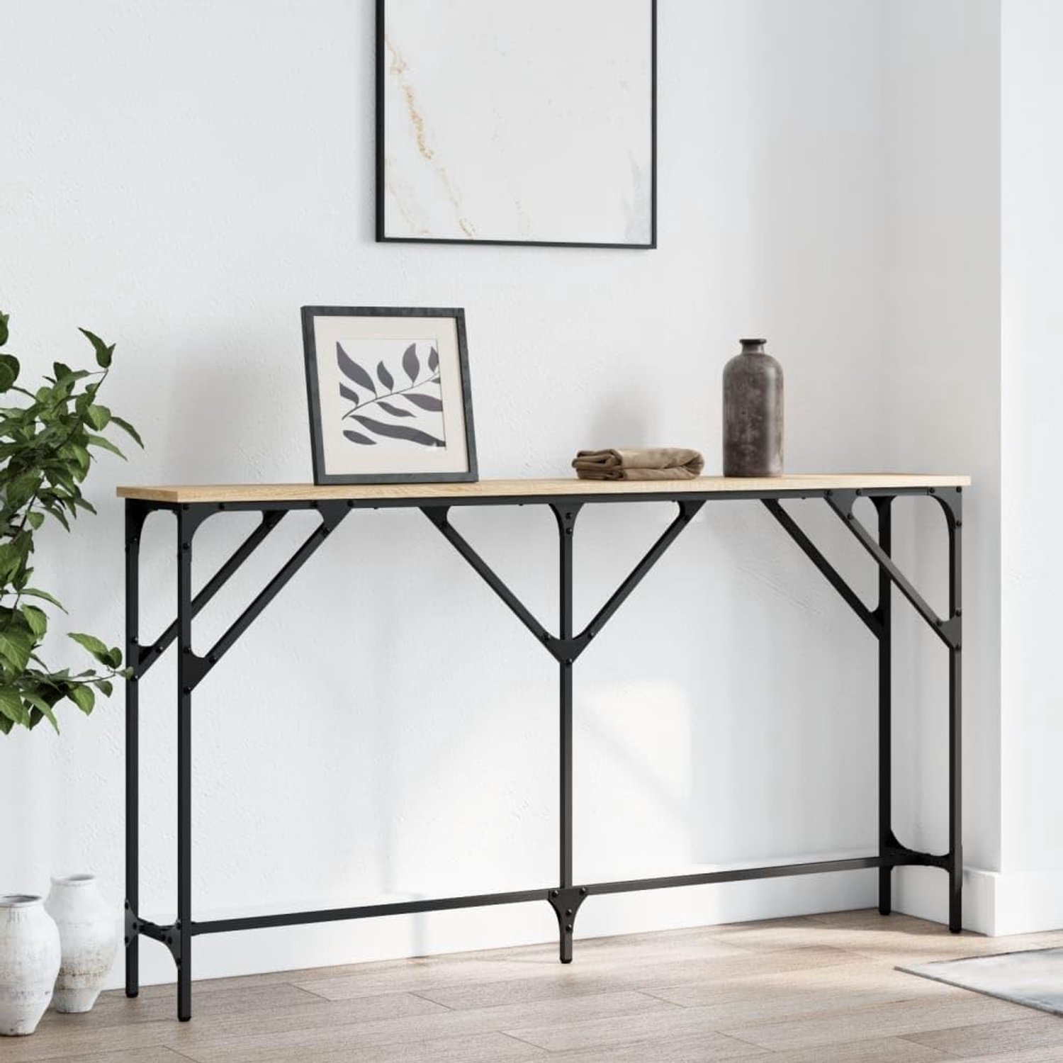 Consoletafel Sonoma eiken 140 x 23 x 75 cm hout met metalen frame en vijf verstelbare poten, robuuste bijzettafel en eettafel voor woonkamer of hal