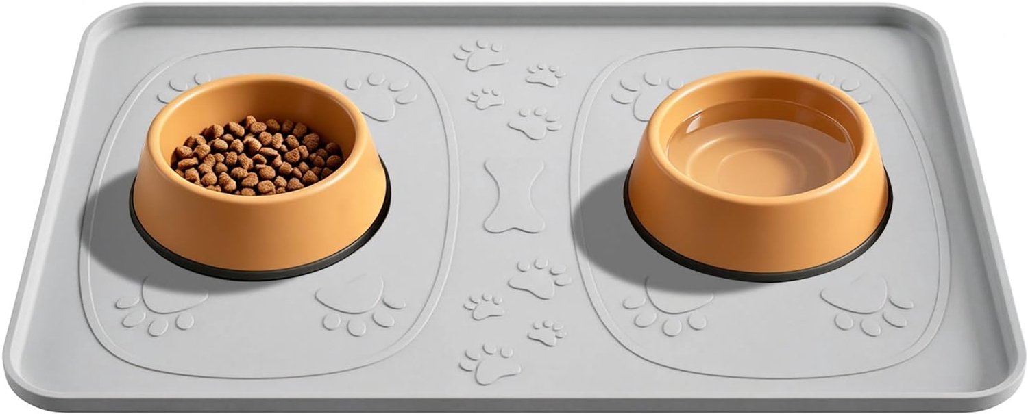 Voerbakmat voor katten en honden, 61 x 42 cm, siliconen onderlegger voor kattenbakken en hondenbakken met verhoogde versterkte rand, antislip en waterdichte voermat, beschermt de vloer
