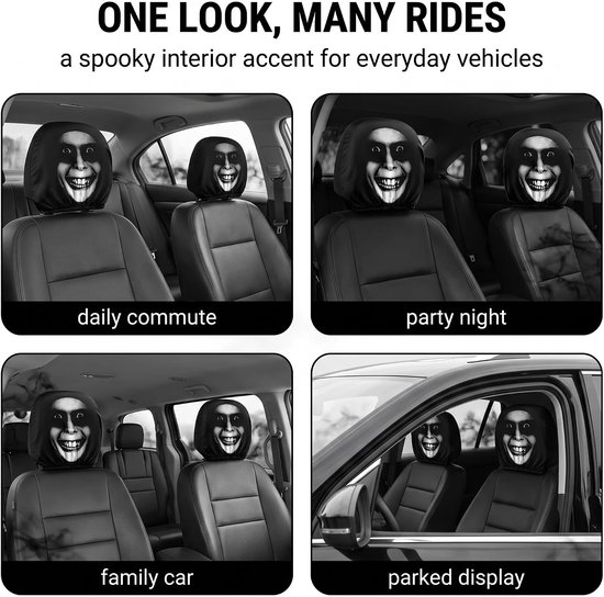 2 stuks horrorhoofdsteunhoezen met griezelig gezicht, grappige autohoofdsteunhoes voor Halloween, universele auto-accessoires van elastische stof, opdruk voor achter — afbeelding 5