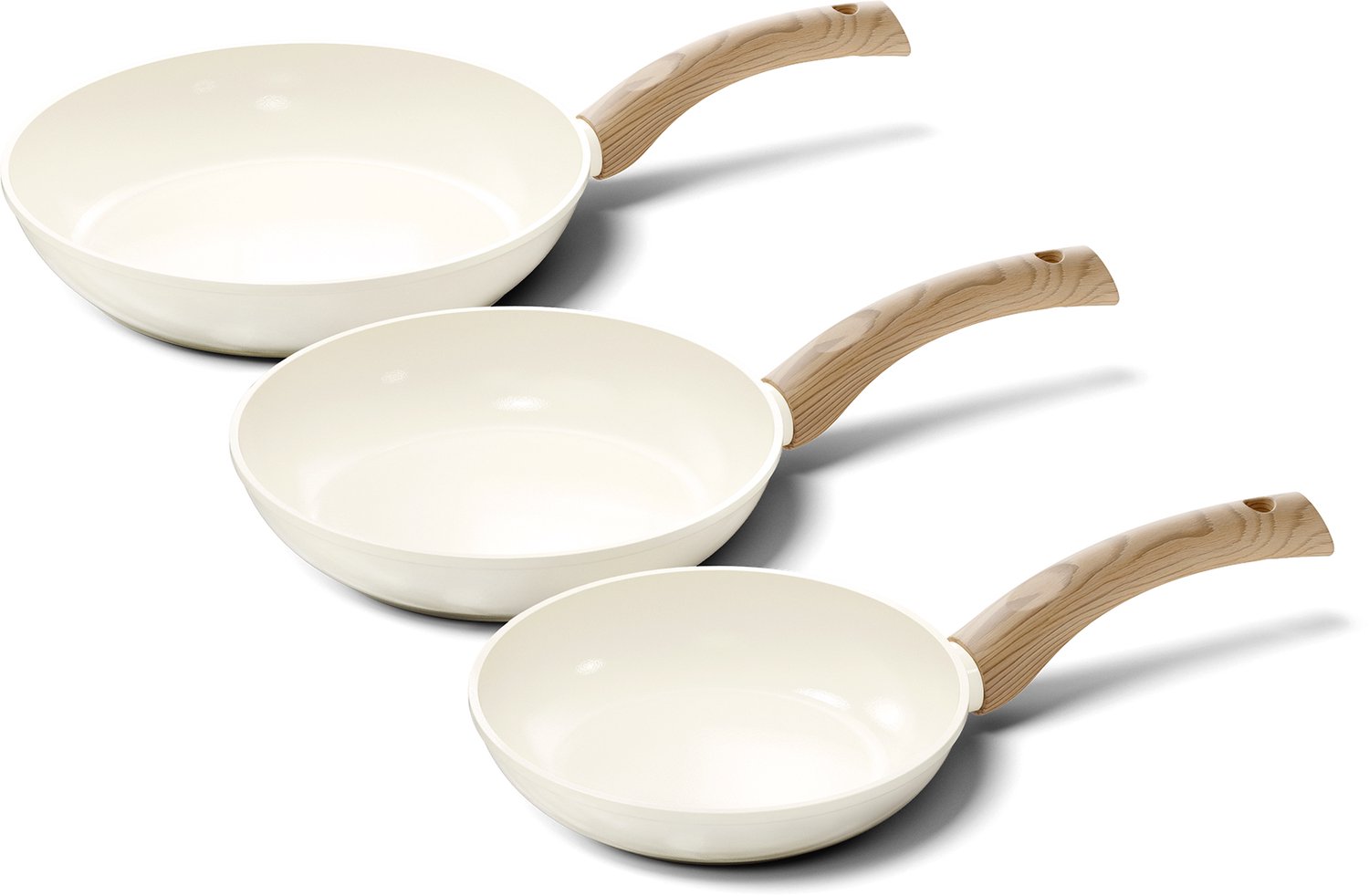 Cook & Pan - Koekenpannenset 3-delig + 3 glazen deksels - PFAS vrij - Inductie Keramisch - Non stick - 7 jaar garantie - Crème
