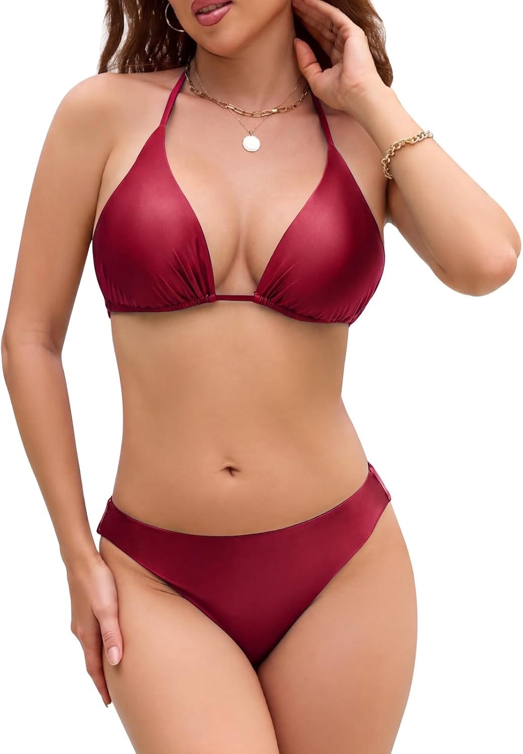 Bikiniset voor dames, driehoekig, haltertop, lage taille, bikini, badmode, fijne, zachte olieglanzende stof met cups, tweedelig badpak