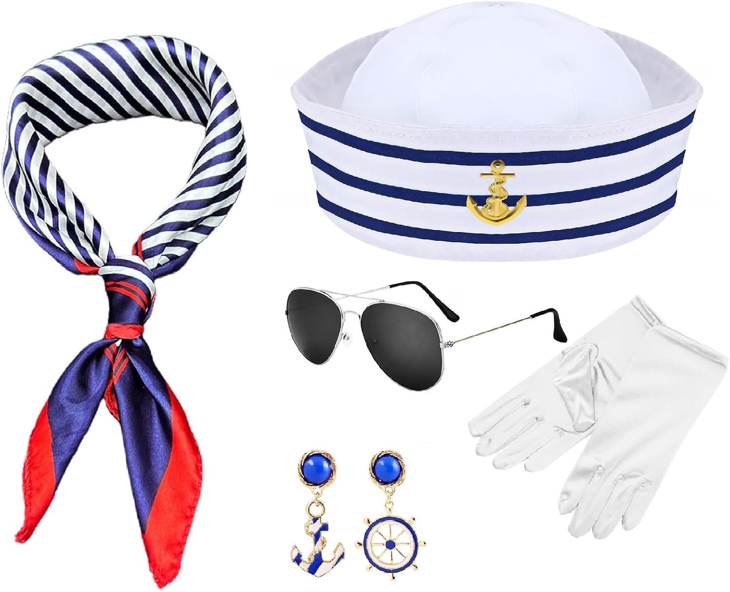Matrozenkostuumset voor dames, matrozenmuts, zonnebril, vierkante set, oorbellen, handschoenen, marine outfit, kapiteinsmuts, zeeman kapitein voor dames, jacht, party, cosplay, carnaval