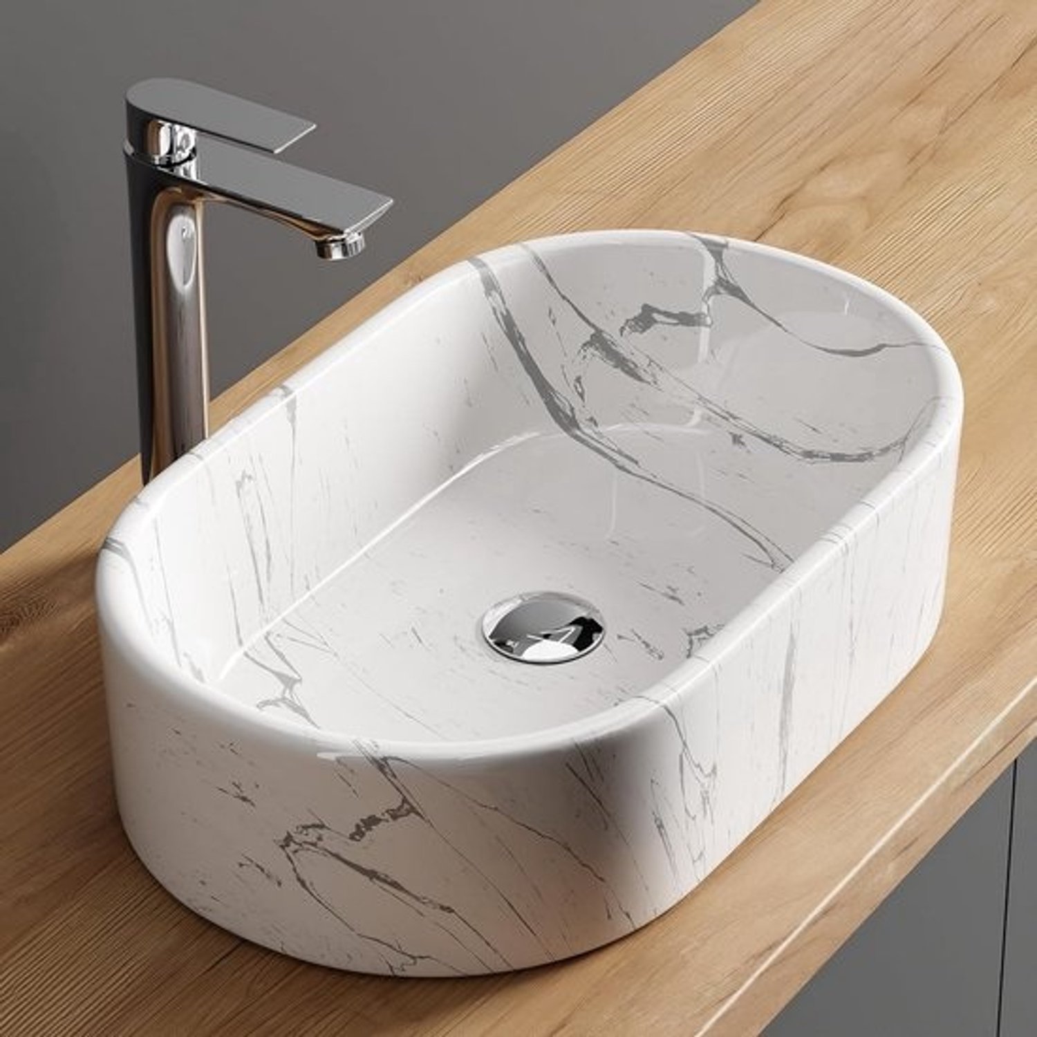 Ovale wastafel met witte marmerlook - opbouwmodel badkamer en gastentoilet (55x34 cm)