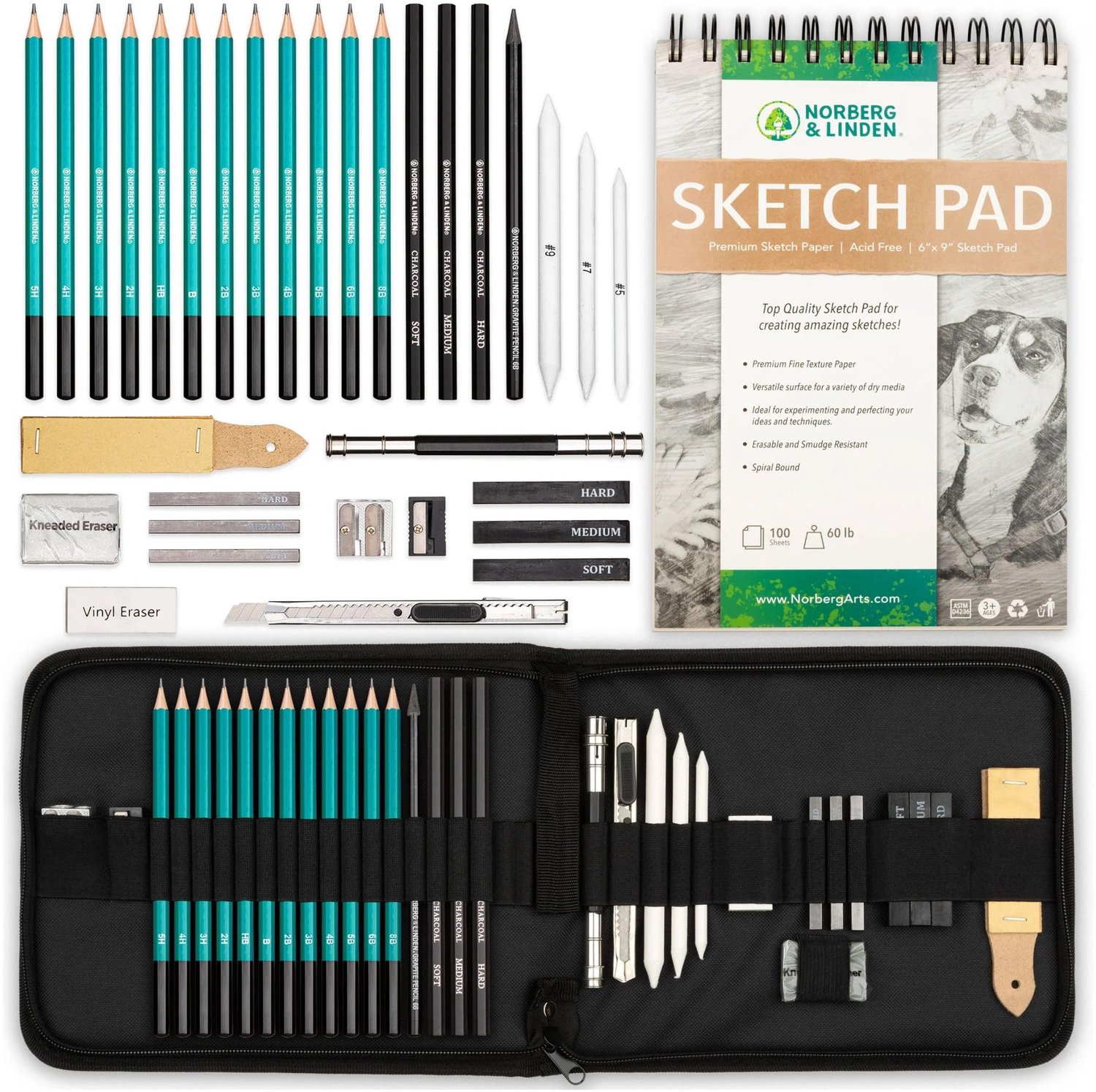 XL Tekenset - schetsen, grafiet en houtskoolpotloden. Inclusief tekenblock met 100 pagina's, kneedbare gum, mengstift. - ShopVlot