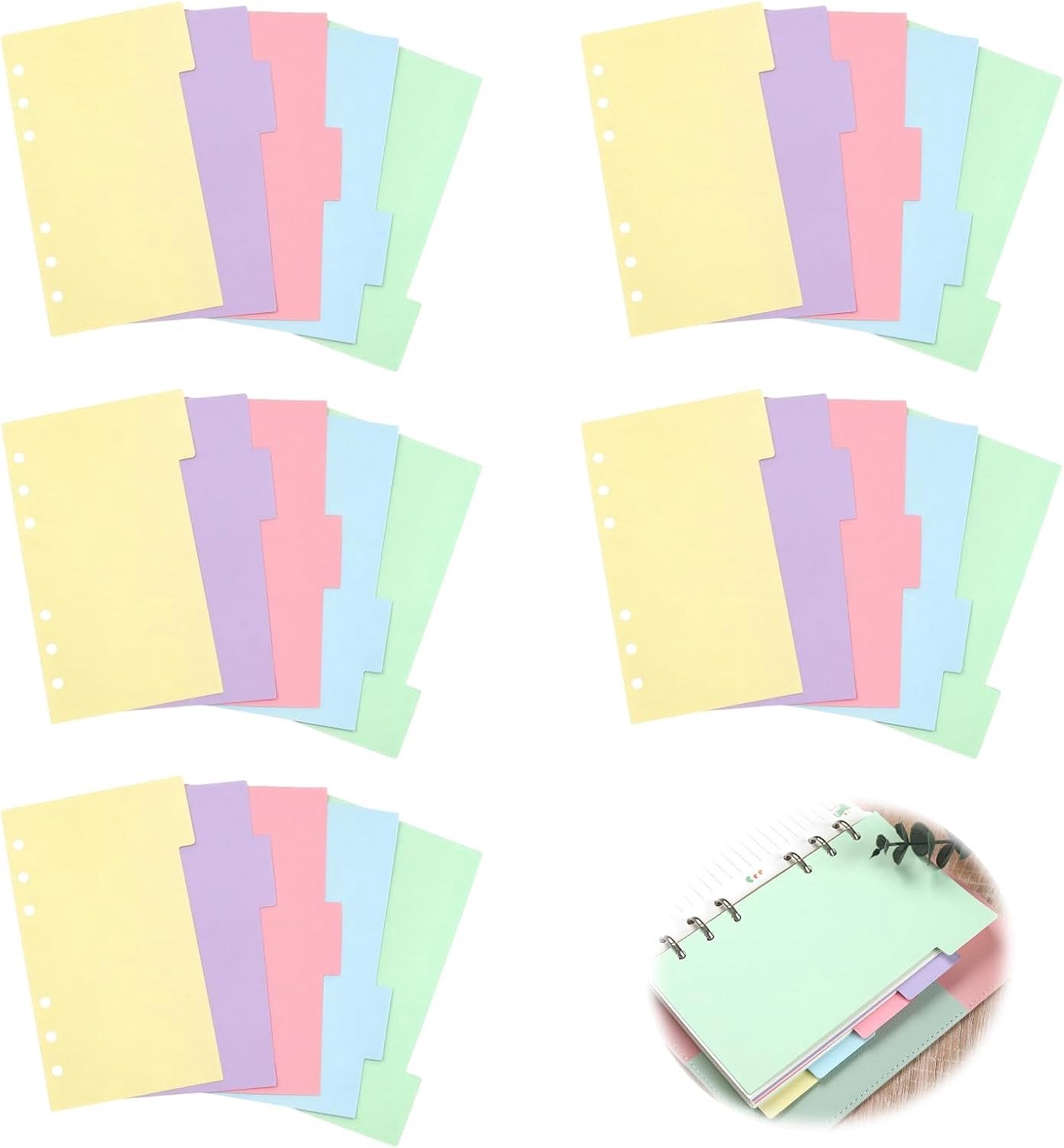 Register met 25 vellen en 5 sets A5 dividers in 5 kleuren, perforaties voor ringband, schrijfbaar karton voor notitieboeken en organisatie