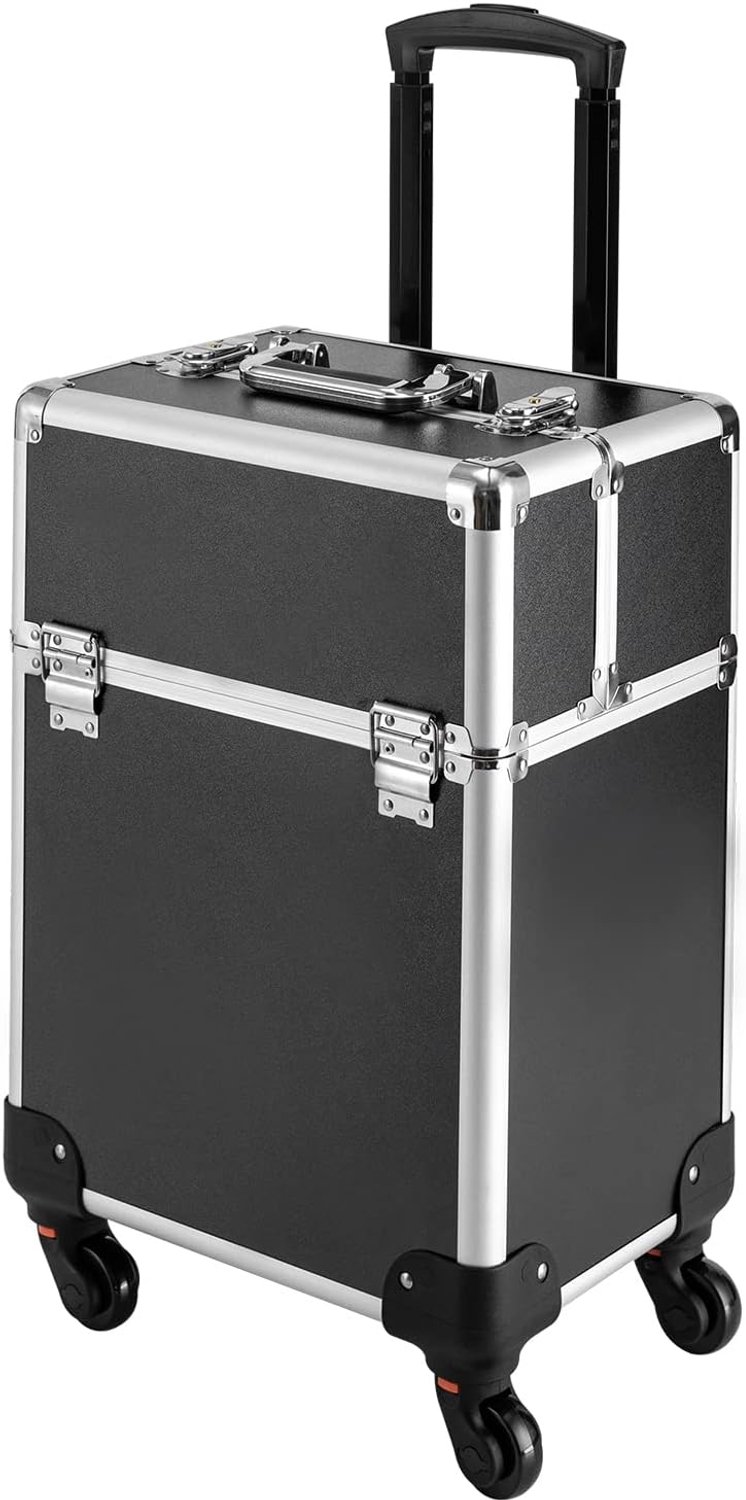 Cosmeticakoffer, trolley, make-upkoffer met wielen, cosmeticakoffer, beautycase, 4 schuifschalen, beautycase, kapperskoffer, trolley, zwart, zwart, modern