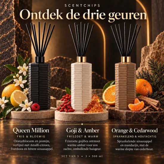 Set van 3 geurstokjes: Queen Million, Goji & Amber en Orange & Cedarwood, elk met bijpassende ingrediënten.