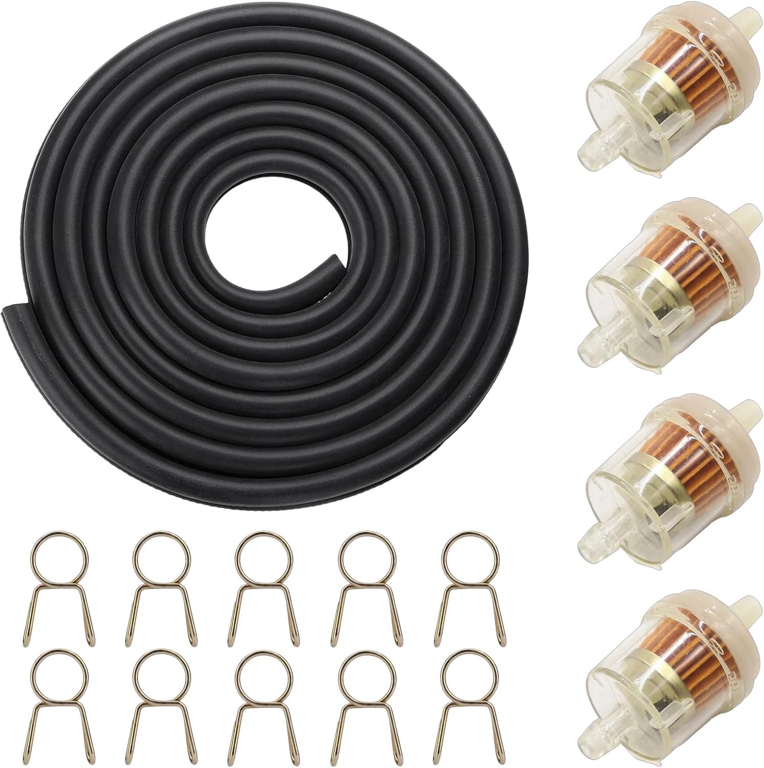 Benzinefilter, brandstoffilter, benzinefilter voor bromfiets, benzineslang, grasmaaier, 3 meter benzineslangset met 4 filters en 10 slangklemmen, voor motorfiets, scooter, grasmaaier en auto