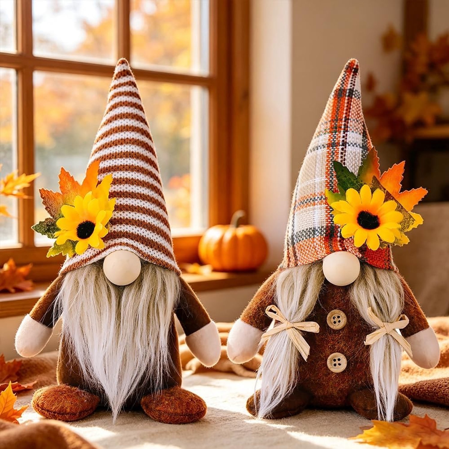 Herfst kabouters 2 stuks - pluche elfenpoppen - unieke design met zonnebloemen - sfeervolle herfstdecoratie - ShopVlot