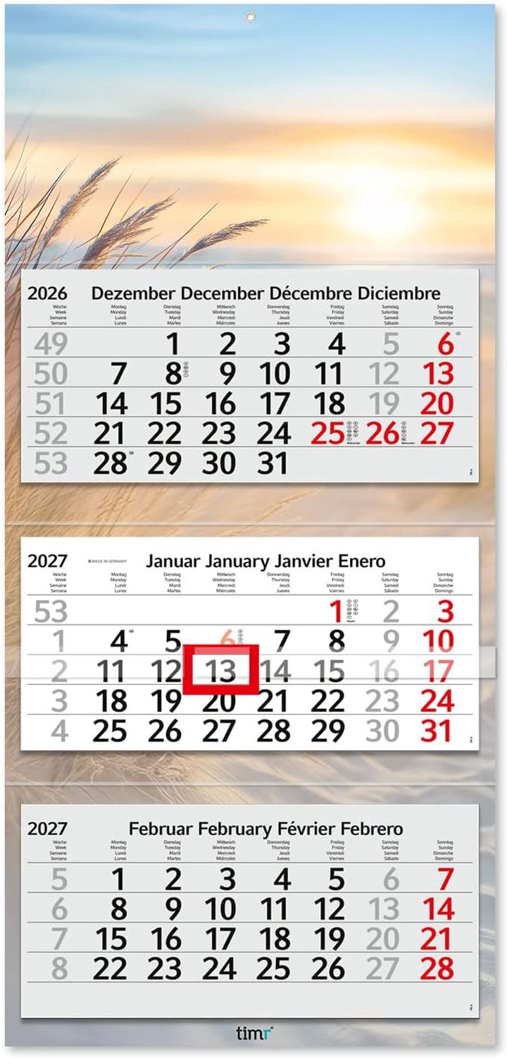 Wandkalender 3 maanden 2027 - met schuifregelaar - neutraal design - sfeervolle kerstsfeer - ShopVlot