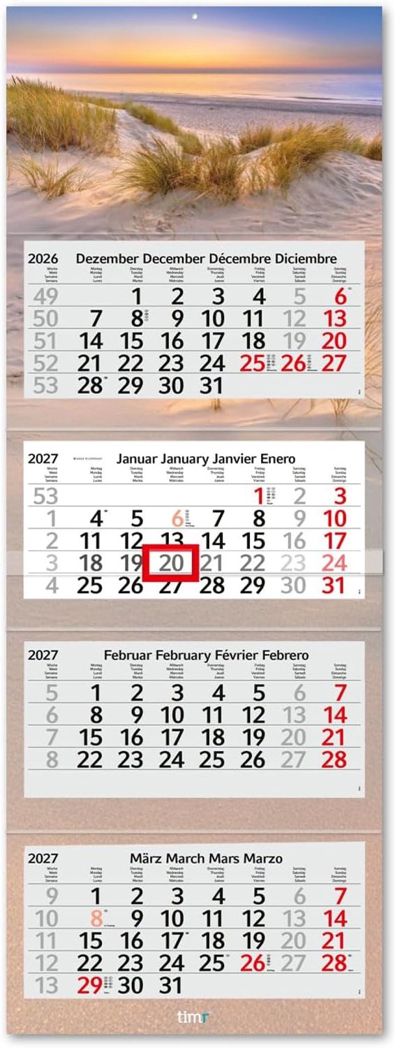 Wandkalender 4 maanden 2027 - neutraal ontwerp - sfeervol zonder reclame - praktisch en decoratief - ShopVlot