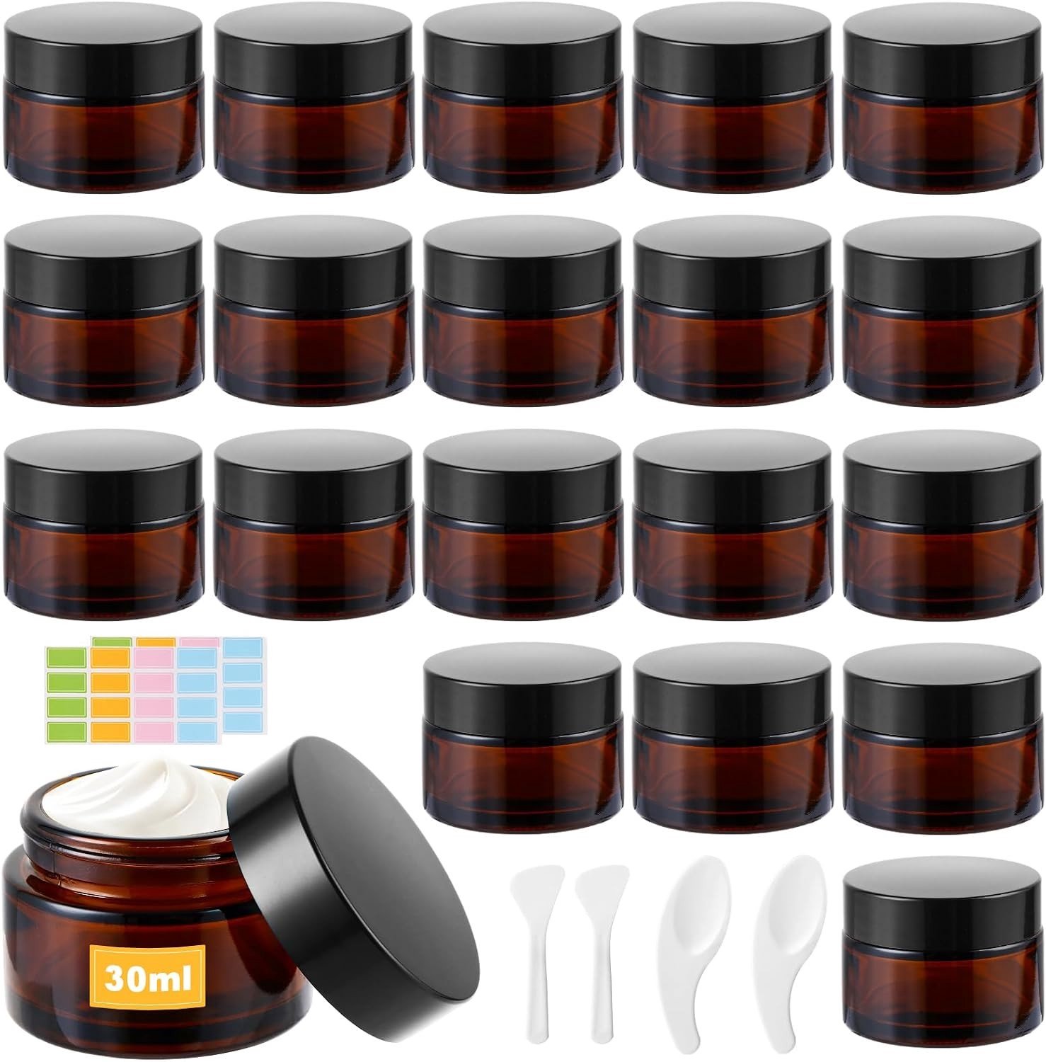 Set van 20 Lege Glazen Crème Potjes van 30 ml - Bruine Potjes voor Crèmes, Make-up en Lotions met Spatel en Stickers