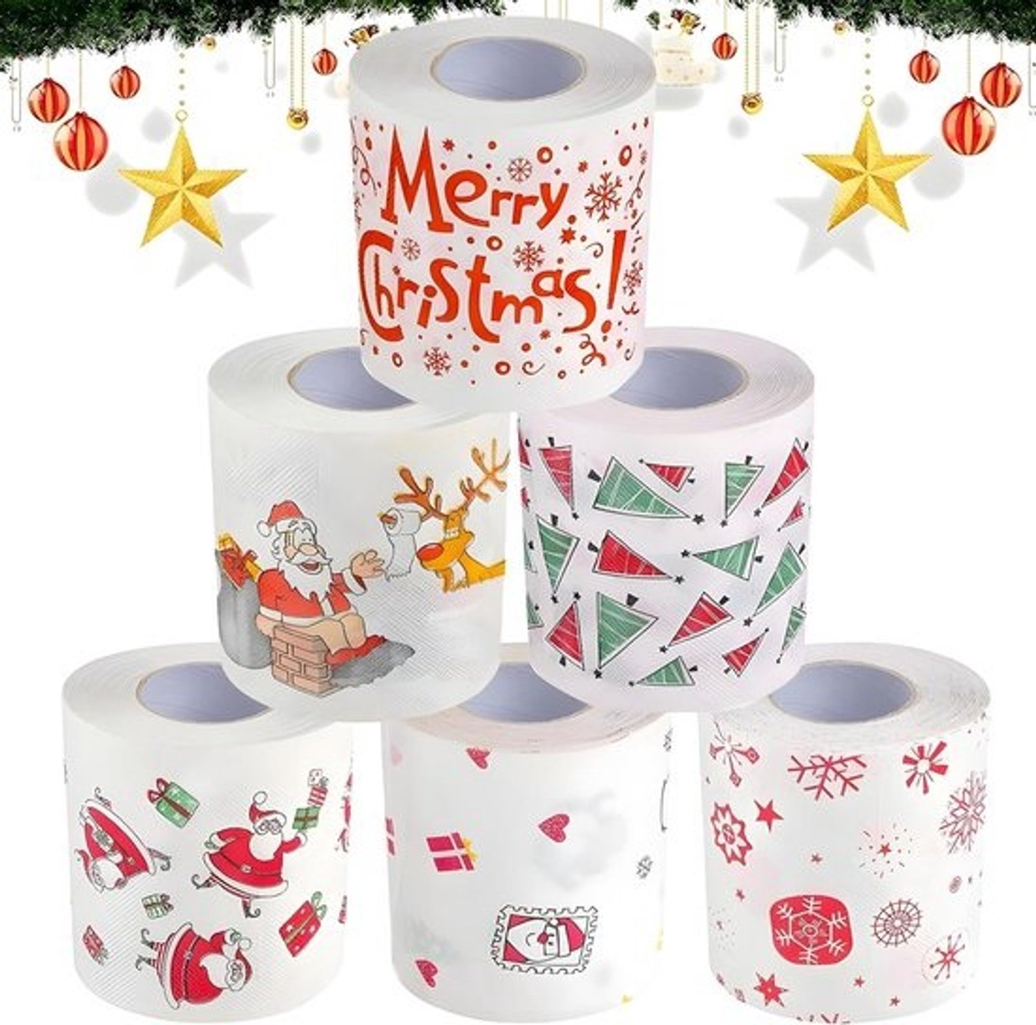 Kersttoiletpapier - Kerstman-wc-papier - Feestelijke decoratie - Zacht en absorberend - 6 rollen - Wit met kerstprint