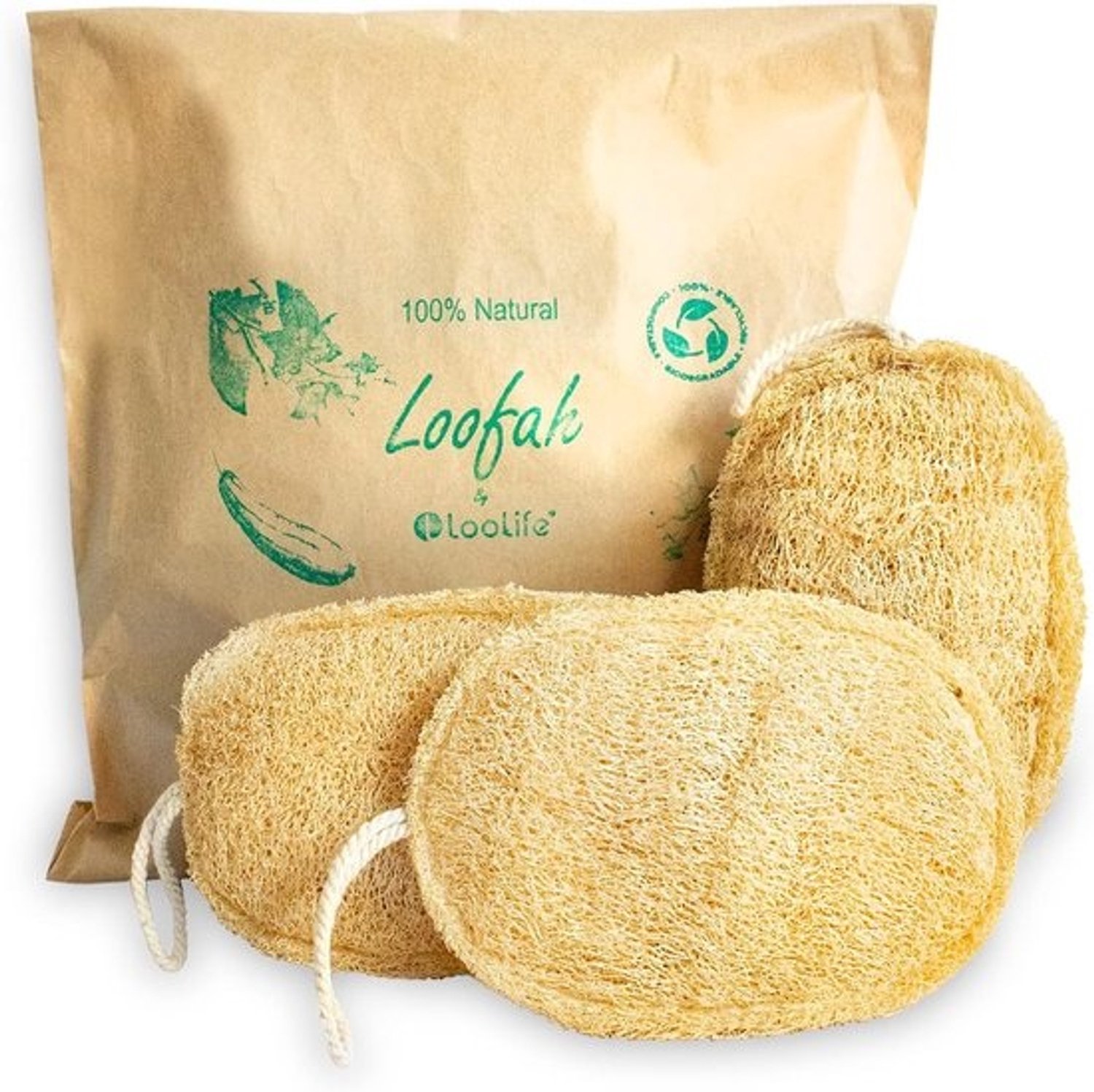 Set van 3 natuurlijke loofahsponzen - voor exfoliëren - Biologisch afbreekbare douche- en badscrubber