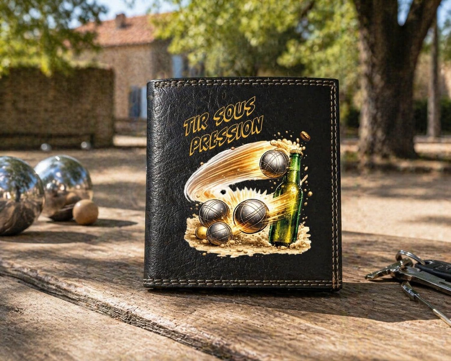 Syl'la Kleine portemonnee voor heren, personaliseerbaar, petanque, van kunstleer, zwart, compact, met ritssluiting - ShopVlot