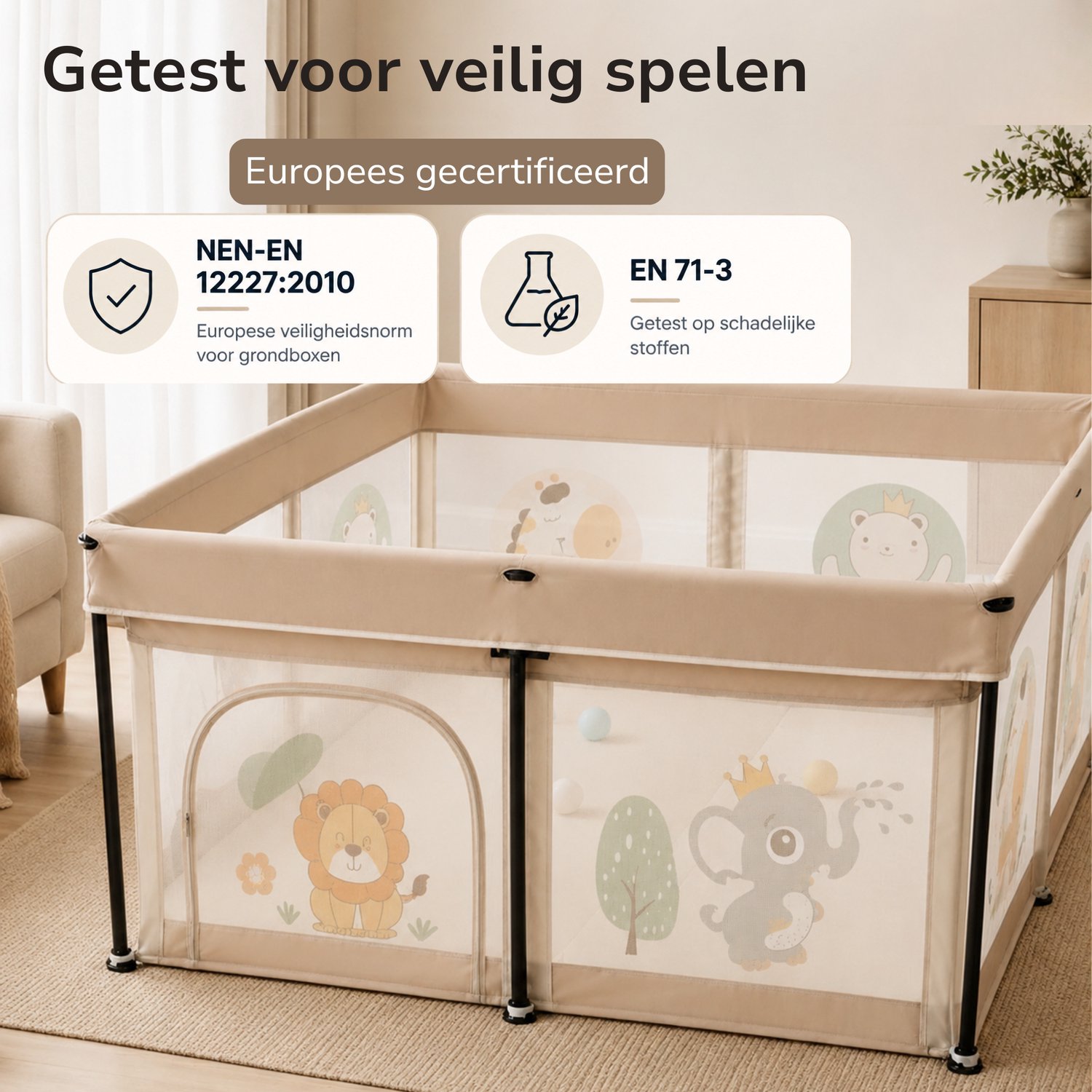 TinyPlay Grondbox baby - zeer snel inklapbaar - 120x120x65 cm - met Speelmat & Speelballen - Opvouwbare box - Kinderbox - Speelbox - Playpen - Ballenbak - Kruipbox - Beige – foto 8