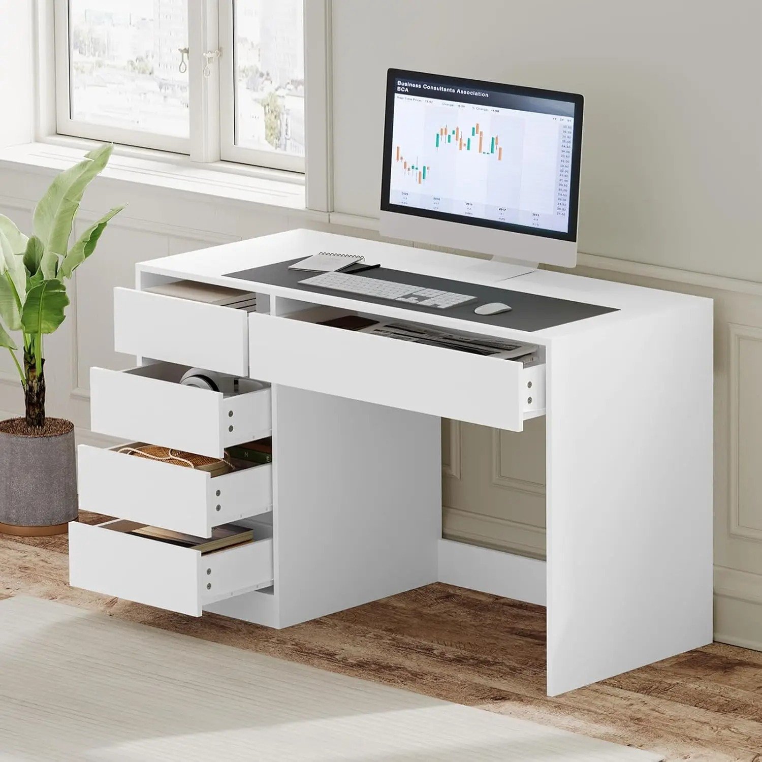 Prime Home Bureau - Kantoor - Computertafel - 5 laden - Grote opbergruimte - 120 x 55 x 75cm - Wit
