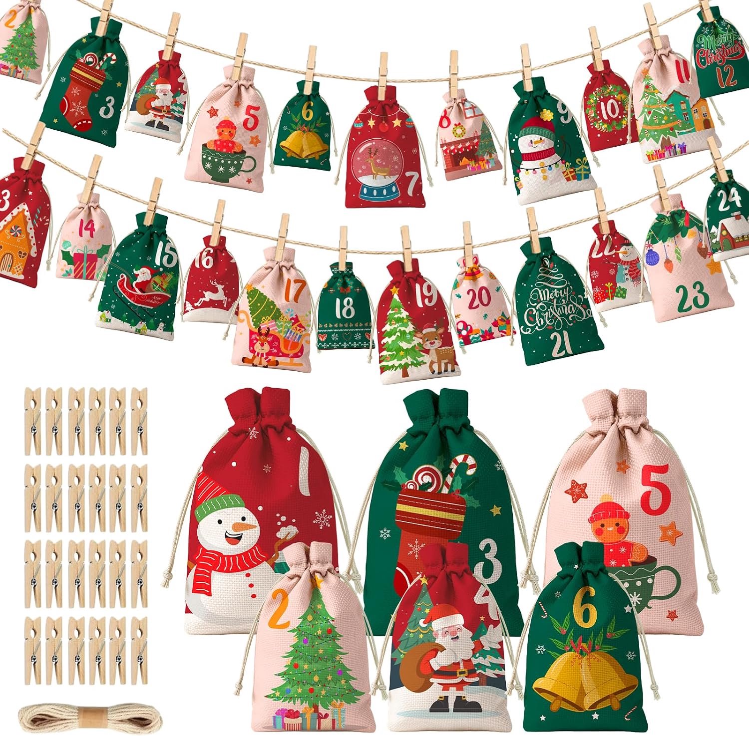 Adventskalender om te vullen 2026 kinderen, 24 adventskalenderzakjes