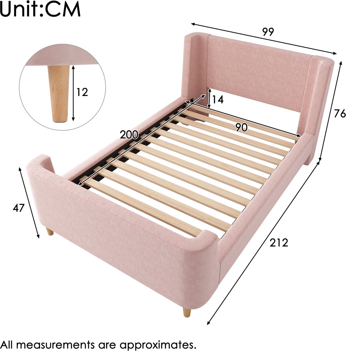 WUVRIE kinderbed 90x200 cm met cartoonthema, fluwelen bekleding en lattenbodem, roze