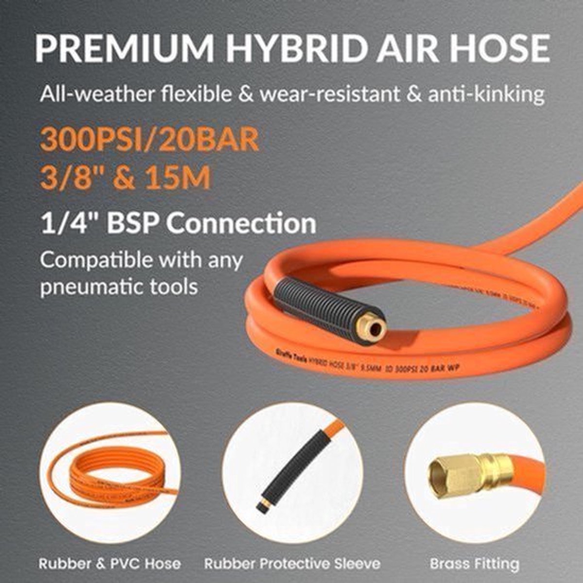 Intrekbare Luchtslanghaspel – Luchtslangspoel – Persluchtslanghouder – Pneumatische Slanghaspel – Automatische Terugtrekking – 15m+1m Hybride Slang – Heavy Duty Stalen Behuizing – 135° Draaibare Wandmontage – 3/8" Aansluiting – 1/4" Quick Coupler