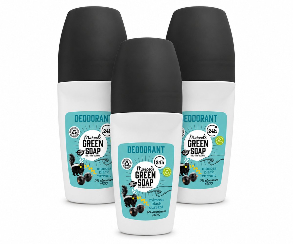 3 x Marcel's Green Soap - Deodorant Roller - Mimosa & Blackcurrant - Langdurige frisheid - 50 ml - Bulkverpakking - 3 stuks