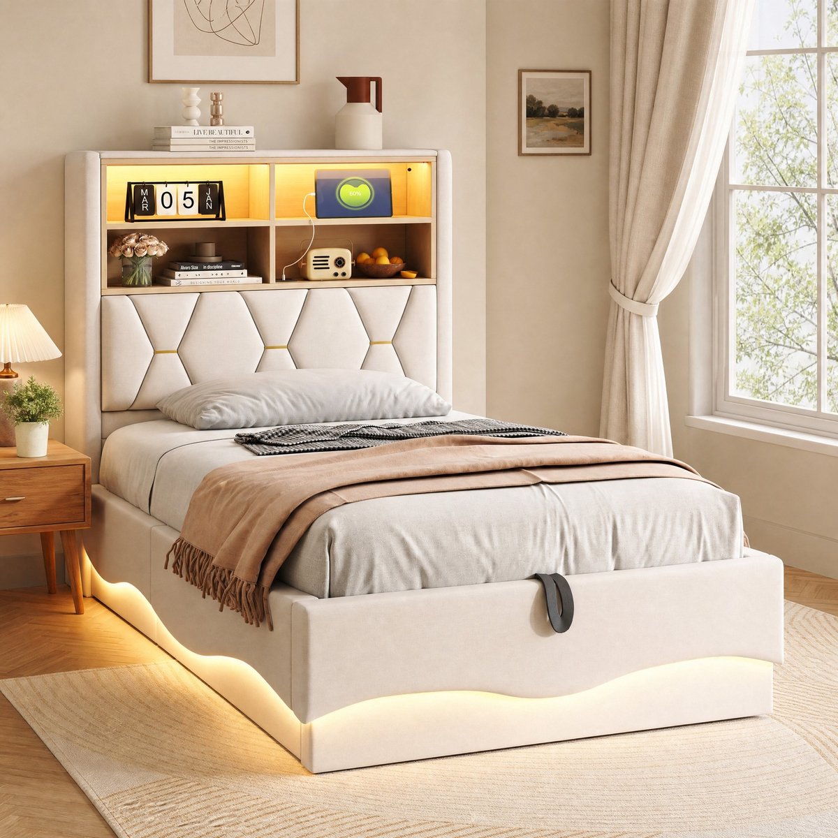 COVREO Kinderbed met opbergruimte en LED-verlichting – 90x200 cm – Gestoffeerde slaapplaats met USB-aansluiting en lattenbodem – voor kinderkamer en tienerkamer – Beige - zonder matras
