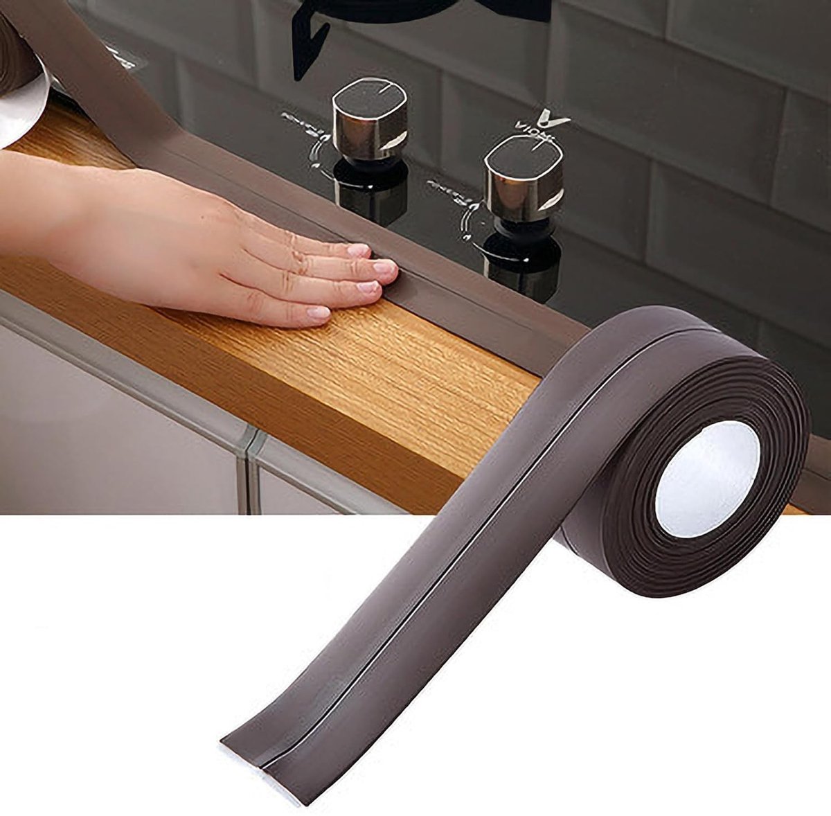 Zelfklevende PVC Kitstrip voor Randbescherming en Afdichting van Gasfornuis, Gootstenen en Wastafels, 3,2 x 3,8 cm (Koffie) - Waterdicht, Duurzaam en Eenvoudig te Installeren